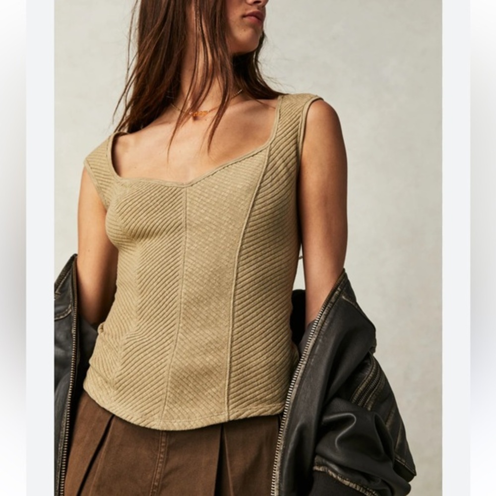 Free People XL tan Boss Babe sleeveless ribbed knit sweetheart scoop neck top